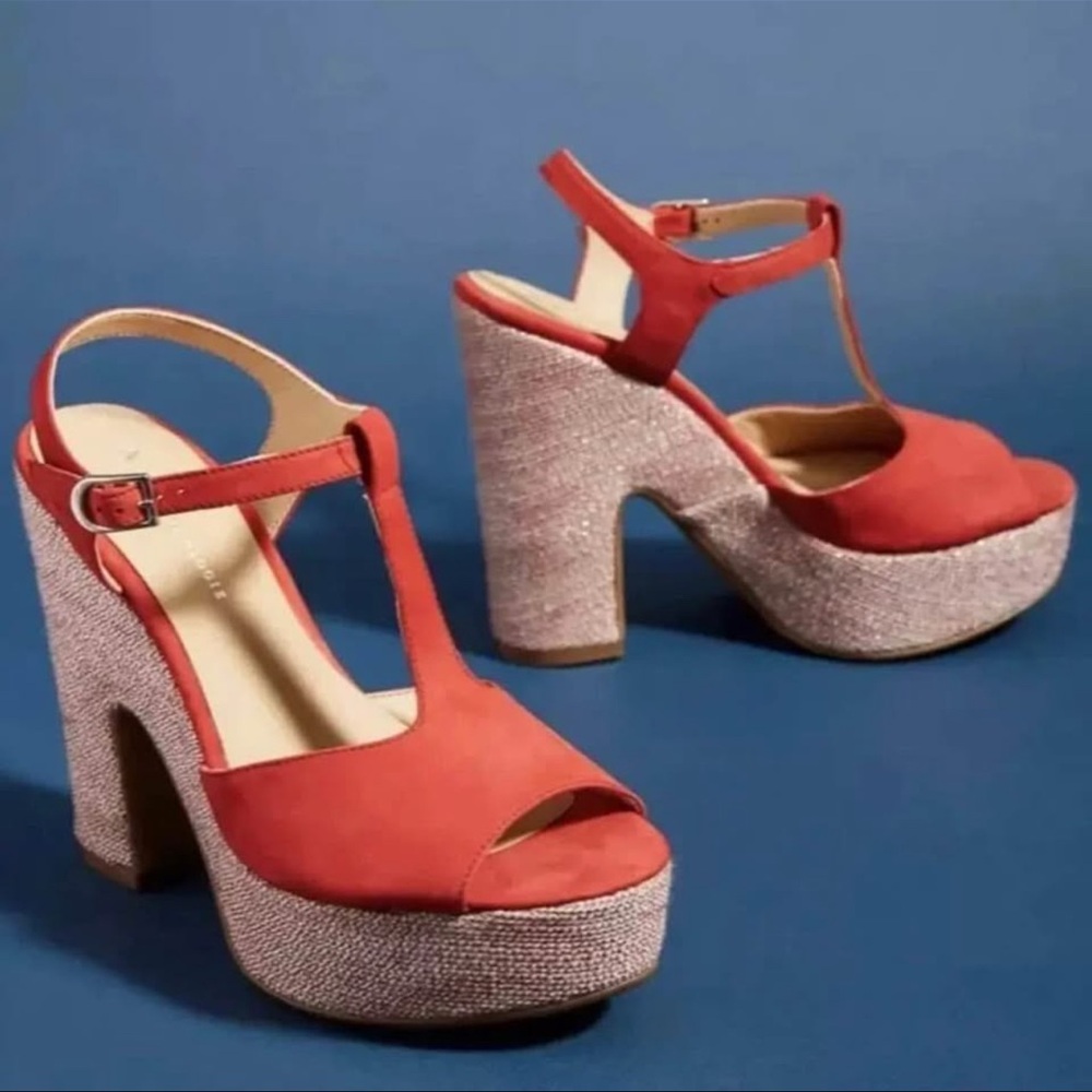 Anthropologie Suede Glitz Metallic Fabric Platform Sandal Size 8.5 - Picture 7 of 8